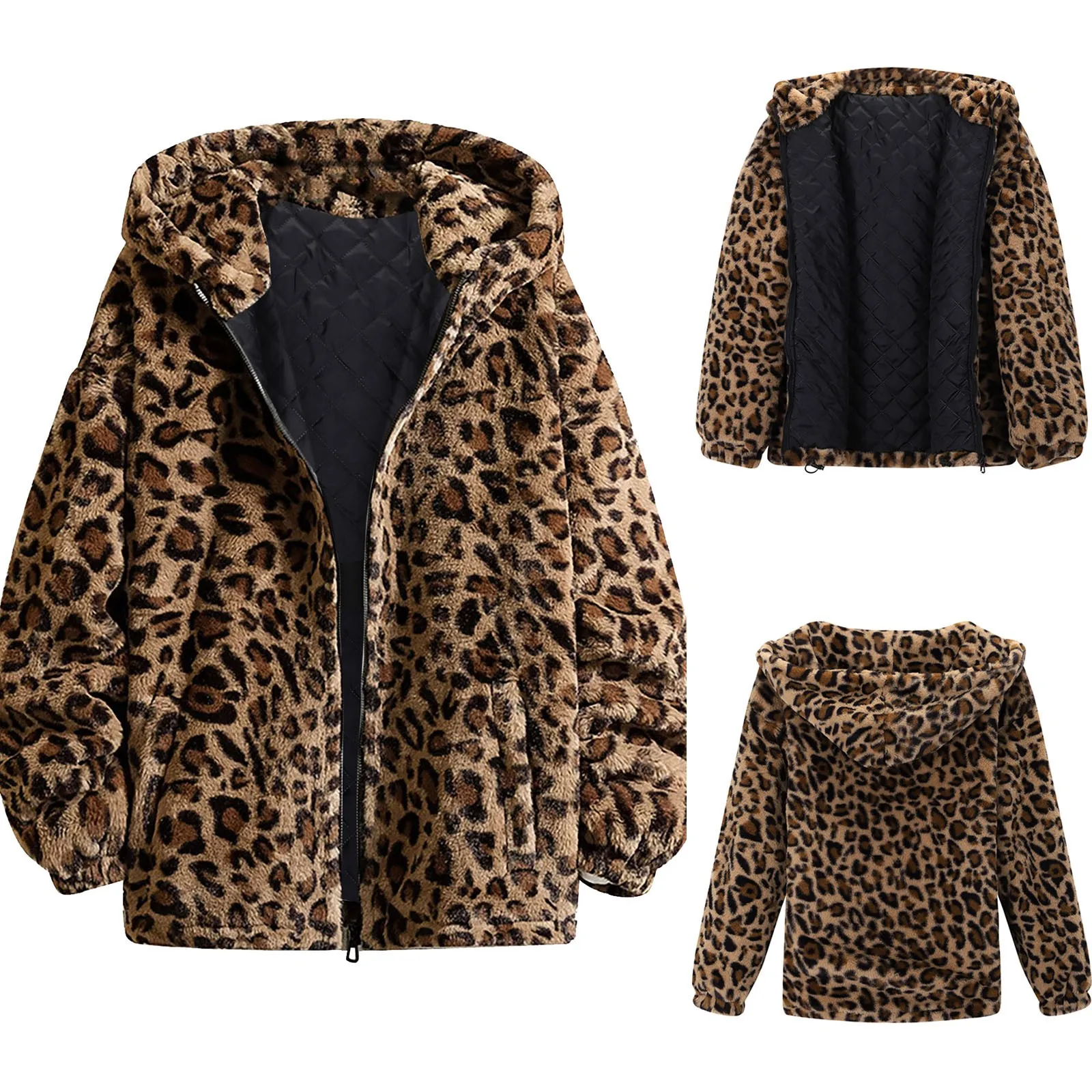 Shiny Leopard Hooded Coat with Pockets main image 1