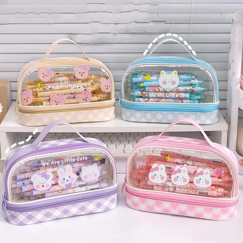 

Kawaii Pencil Case Double Layer Large Capacity Pen Bag Cartoon Handle Transparent Pouch Box Student School Supplies Stationary