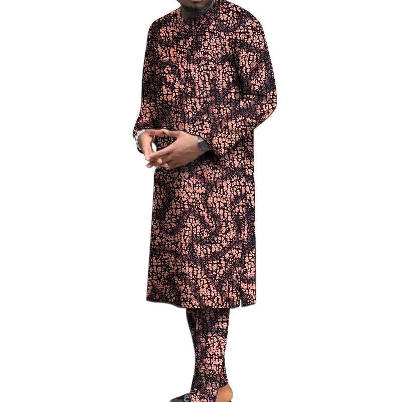 Nigerian Polyester Print Men's Set Long Sleeve Shirt+Pant African Traditional Male Wedding/Party Groom Suit luxury male suit 2023 new in elegant male brand jacquard suit jacket pants 2 pieces set formal party business wedding male suits