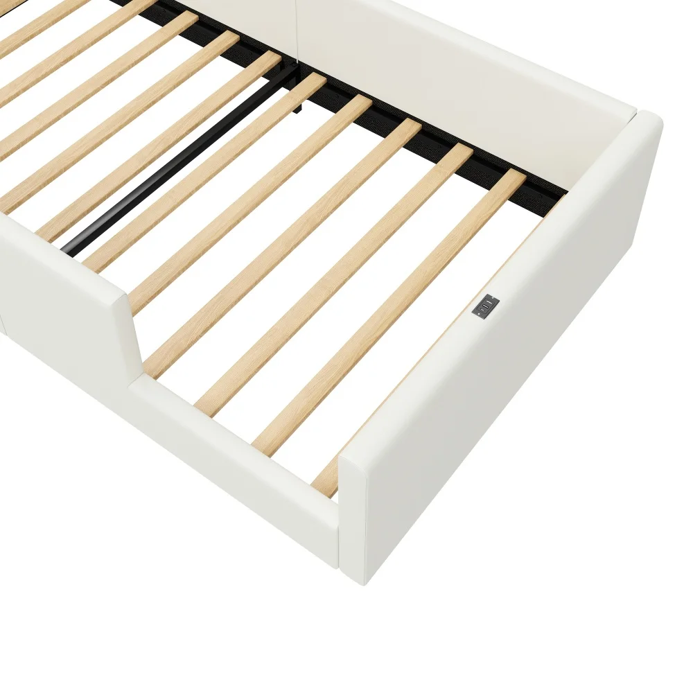 90 x 200 cm modernes gepolstertes Plattformbett mit Geländer und Ladestation, gepolstertes Geländer, stabile Konstruktion, für Schlafzimmer, weiß – Detail 14