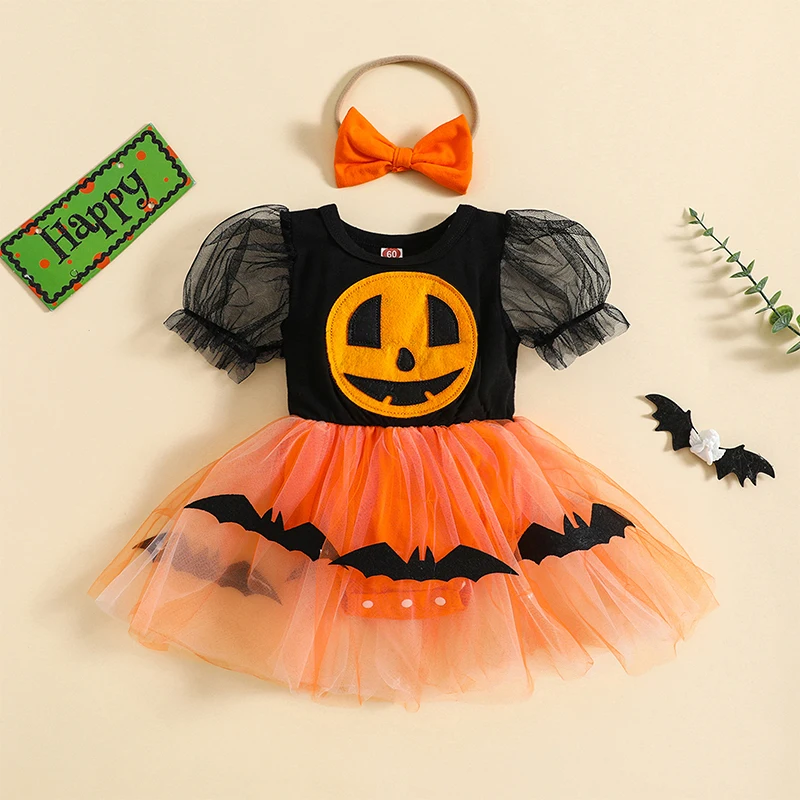 

SUNSIOM Baby Girl Romper Dress Halloween Clothes Pumpkin Face Pattern Short Puff Sleeve Mesh Skirt Hem Bodysuits with Headband