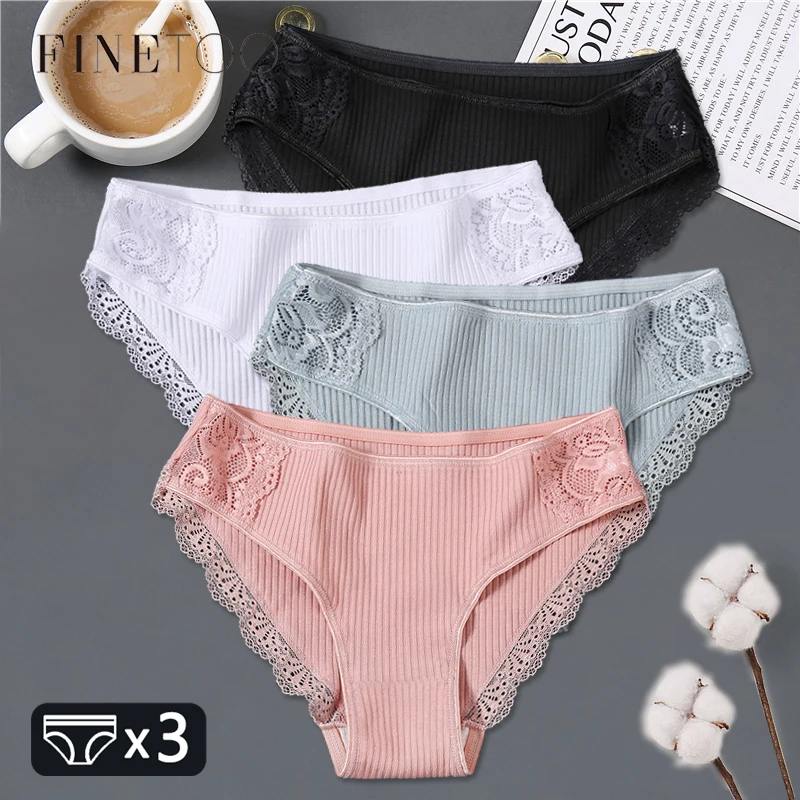 FINETOO, 3 шт./компл., женские хлопковые трусики, M-2XL, нижнее белье с низкой посадкой, модные лоскутные кружевные трусы, женские мягкие трусы, нижнее белье, 2022