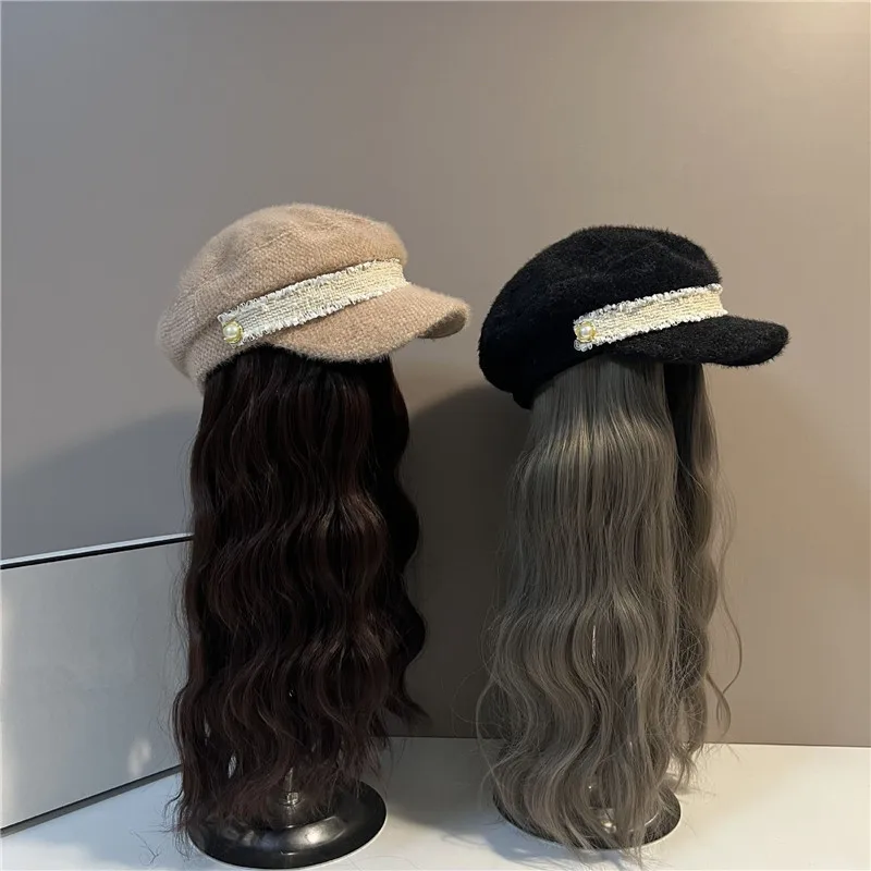 

202308-shi ins chic fashion Imitation mink pearl patchwork long Cool False hair lady service hat women leisure visors cap
