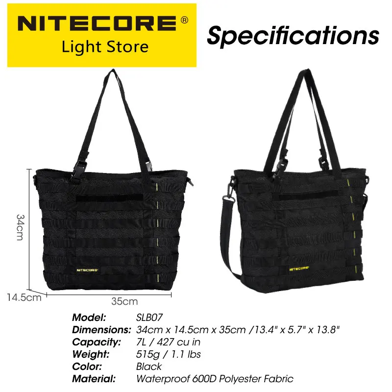 

NITECORE SLB07 7L Tote Bag Large Commuter Shoulder 600D Nylon Casual Tactical Tool Sling s Handbag Molle System Men Women