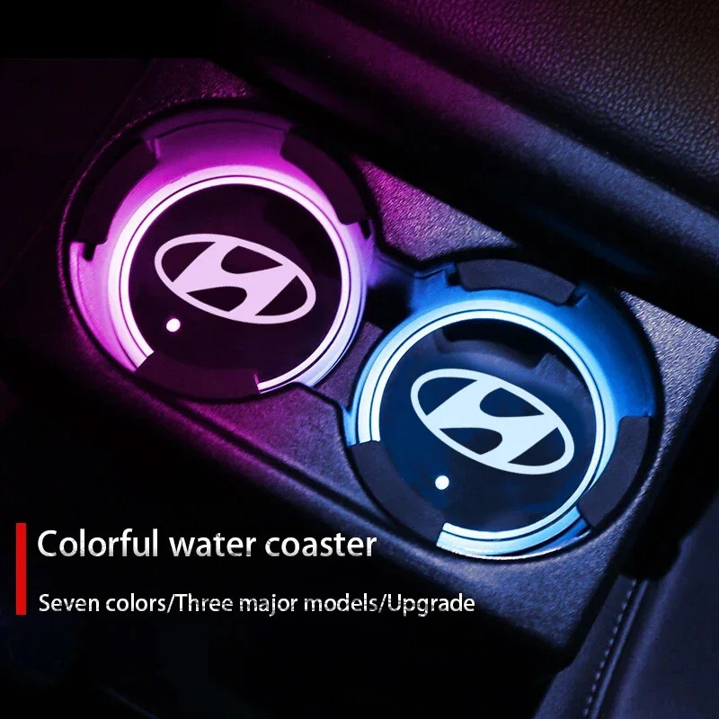 2Pcs Luminous Car Cup Coaster Holder Car Led Atmosphere Light For Hyundai IONIQ5 Crete I10 I30 Tucson Sonata Trait Matrix IX20