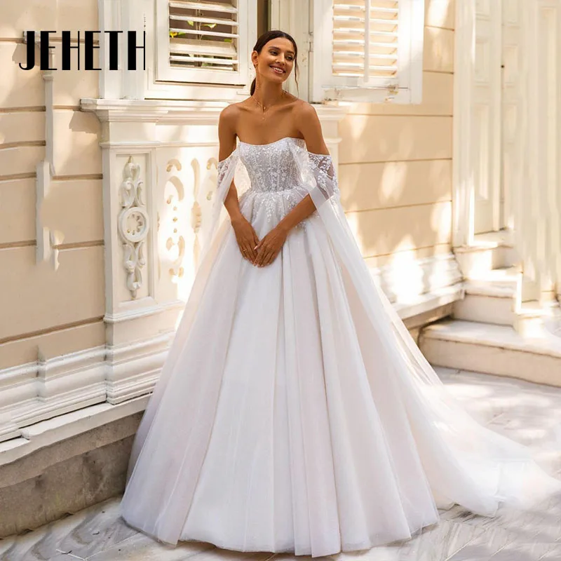 JEHETH Elegant A-Line Sleeveless Wedding Dresses 2023 Vintage Off The Shoulder Lace Appliques Tulle Bridal Gown Vestido De Novia