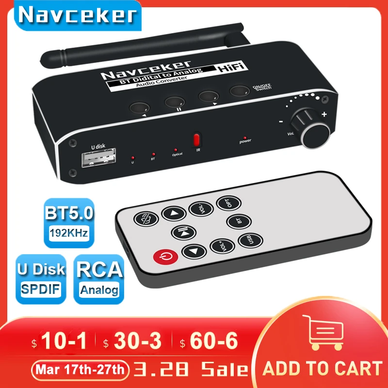 Navceker DAC Digital to Analog Audio Converter With Bluetooth Receiver Optical Toslink USB Disk to RCA 3.5mm Jack Stereo Adapter audio converter adapter