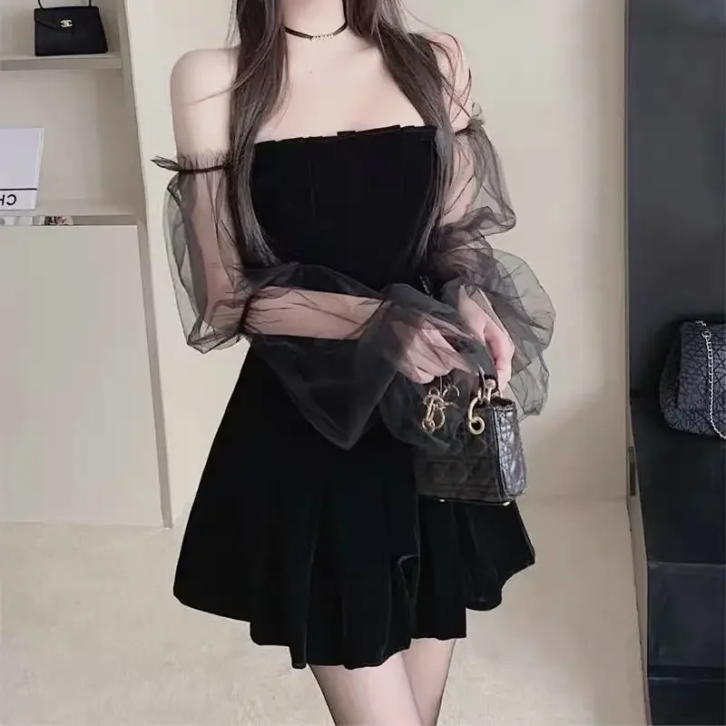 

Estceque New One-shoulder Y2k Mini Dresses Women Thin Mesh Sexy Dresses Long-sleeved Black Woman Chiffon Dress Undefined