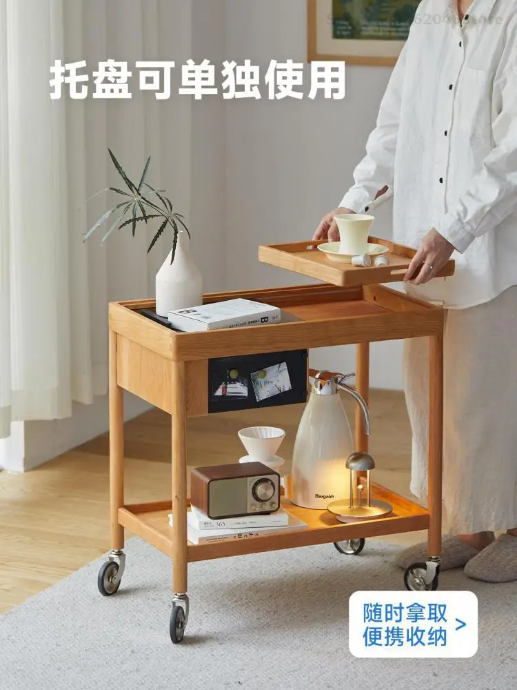 Solid Wood Side Table Nordic Movable Cart Cherry Wood Small Apartment Japanese Style Coffee Table Sofa Side