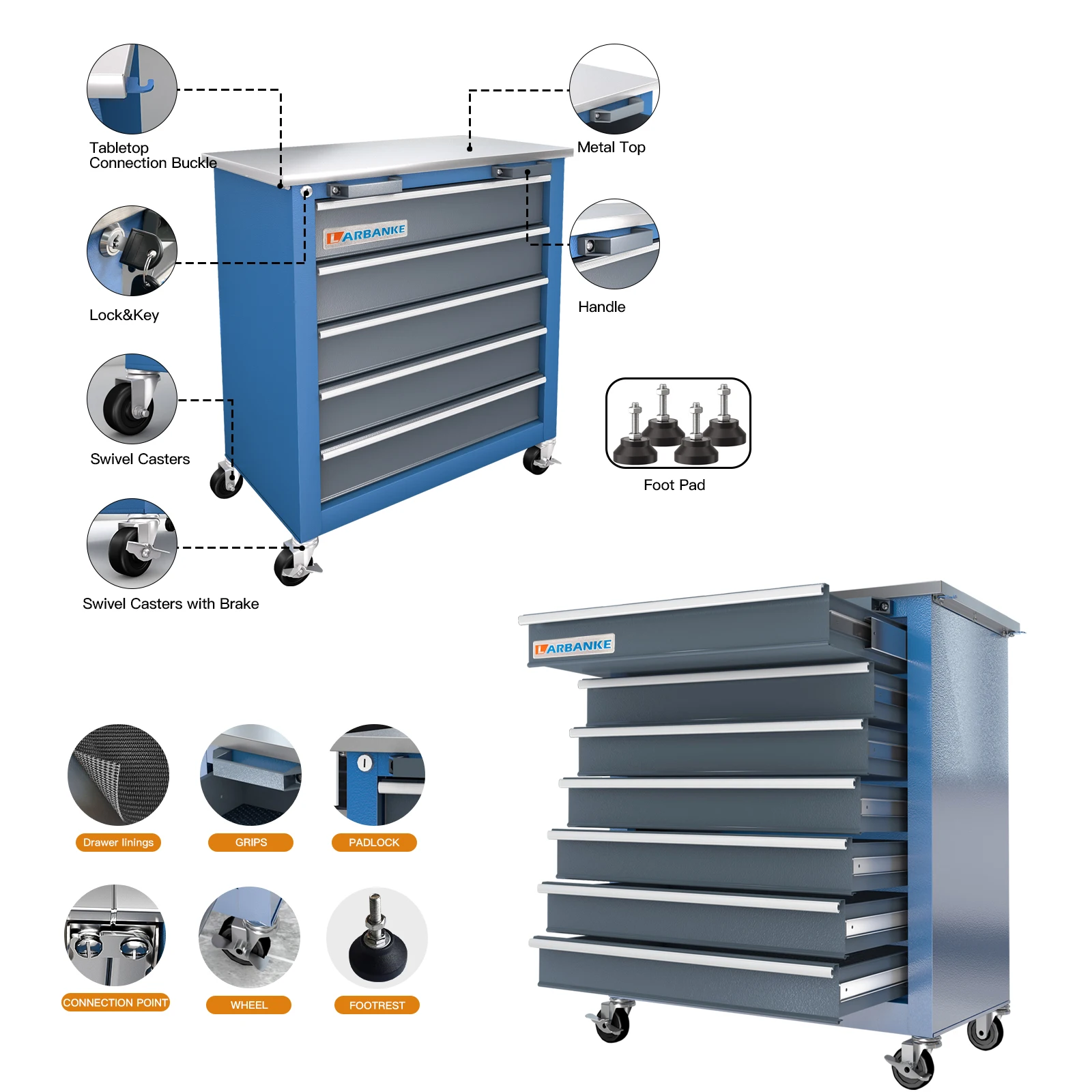 Combination Tool Cabinet,7 Drawer Tool Chest and 5 Drawer Tool ChestRolling Tool Chest with 360° Brake Wheels and Padded Feet 3