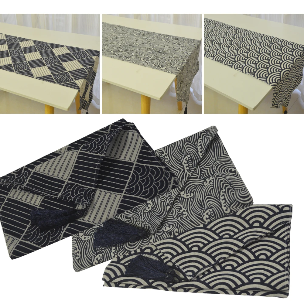 Japan Style Printed Blue Ukiyoe Weave Table Runner Tea Table Shose