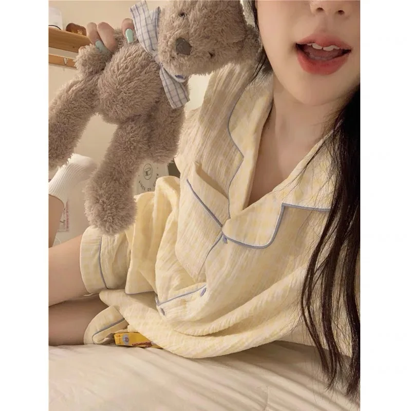 여름 여성 잠옷 반팔 순수 코튼 얇은 가정 의류 세트 귀여운 스위트 스타일은 청소년 사이즈 외부에서 착용 가능