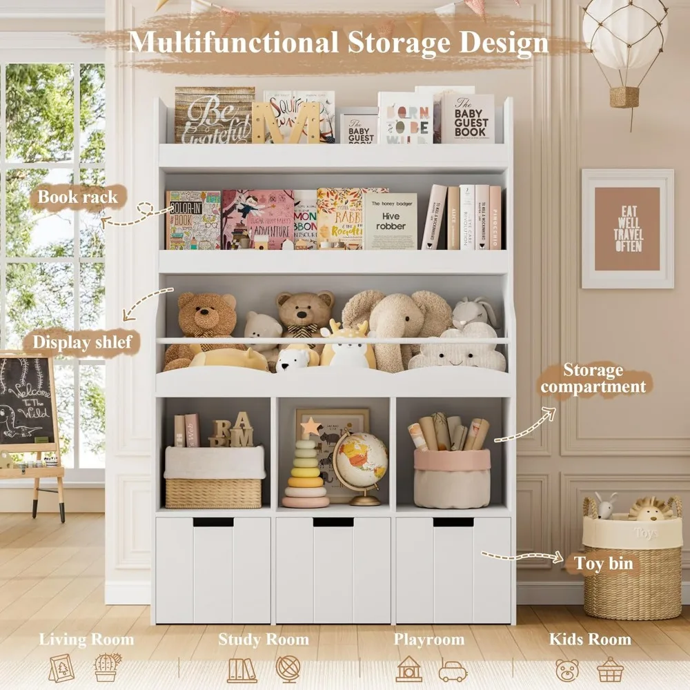 55.3" H Kids Bookshelf with Toy Storage Organizer, Tall Book Shelf with 3 Movable Toy Storage Bins, Large Kids Bookcase 4