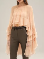 TWOTWINSTYLE – chemisiers transparents et amples pour femmes, col haut, manches longues, Patchwork, volants, plis, chemisier élégant, vêtements féminins 2