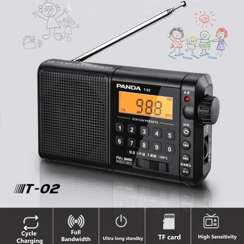 판다 T-02 FM MW SW 풀밴드 휴대용 DSP 라디오 충전식 스테레오 스피커 반도체 라디오 자동 채널 검색 TF 카드