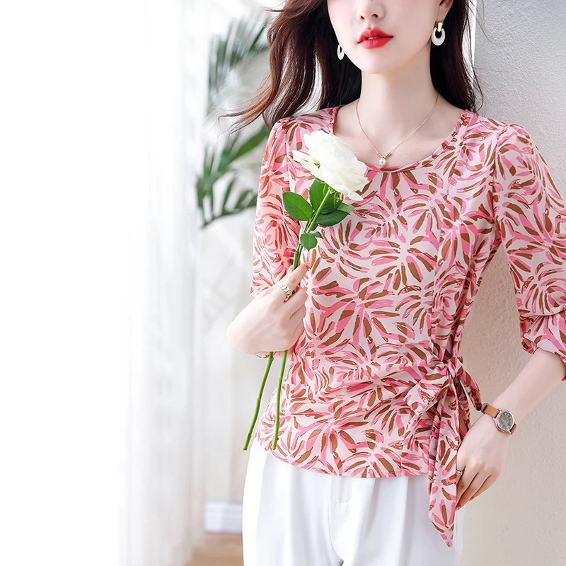 

Autumn O-Neck Slim Fit Lace-up Chiffon Women's Tops Casual Print Simple Temperament Long Sleeve Fashion Cozy Elegant Pullover