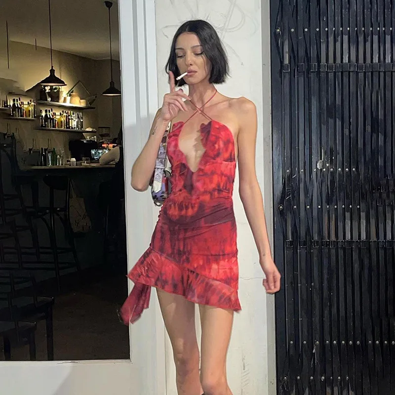 New Halter Neck Printed Dress For Women Hollow Backless Sexy Irregular Female Chiffon Folds Fungus Mini Dress Fashion 2025 19 New Halter Neck Printed Dress For Women Hollow Backless Sexy Irregular Female Chiffon Folds Fungus Mini Dress Fashion 2025