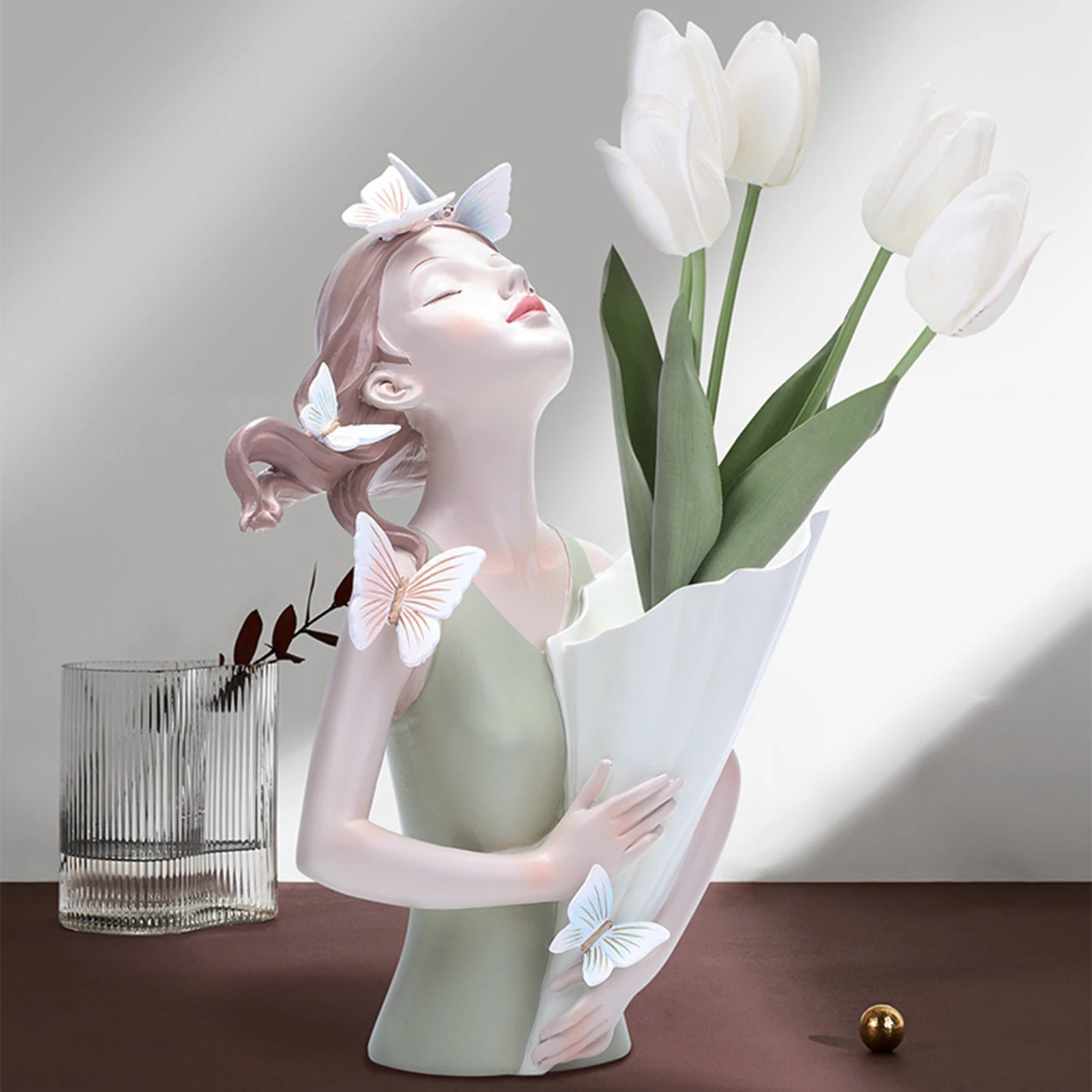 Modern Decorative Artificial Flower Vase Butterfly Girl Sculptures Interior Home Resin Ornaments Household Decoration Vases 3