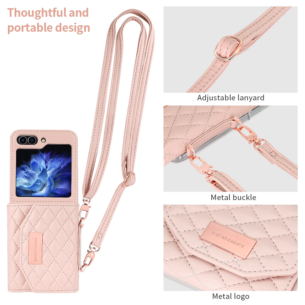 Custodia a portafoglio in pelle con tracolla e carte Solt per Samsung Galaxy Z Flip 6 5 4 3 5G Flip6 Flip5 con cinturino a diamante e tripla piega_voghion.com