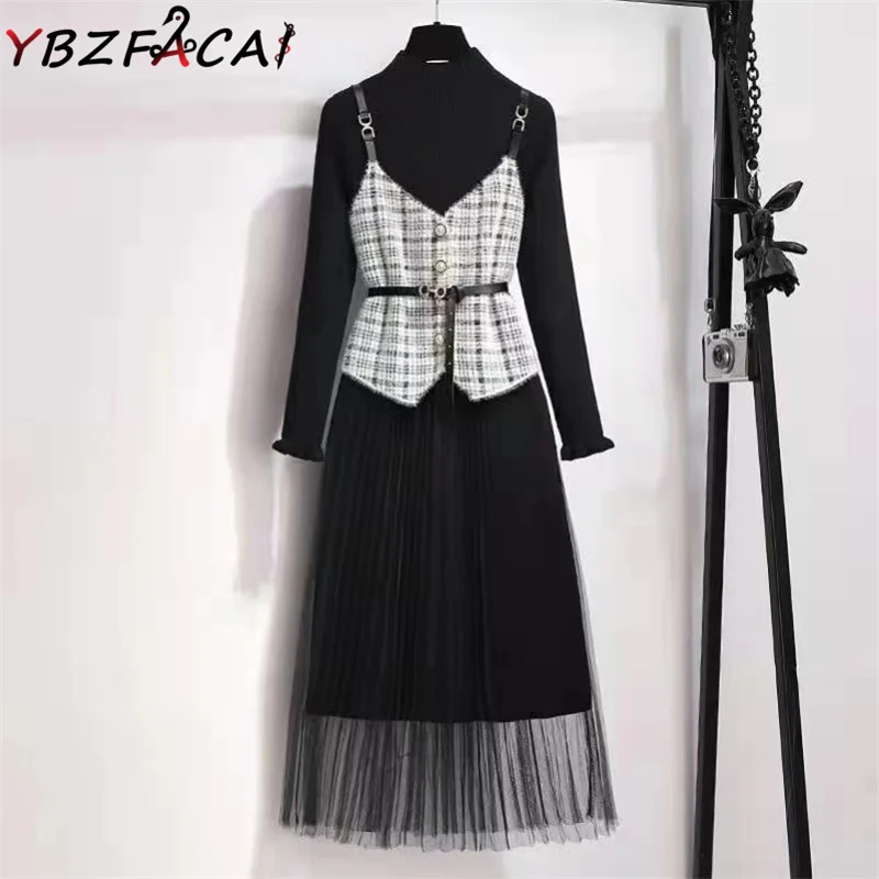 

Fashion Fall Winter Pullover Sweater Dress Set 2022 Midi Round Neck Black Knit Patchwork Mesh Dress Sling Plaid Vest With Belt