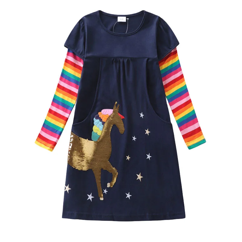 

Jumping Meters 2-7T New Arrival Long Sleeve Princess Girls Dresses Unicorn Beading Baby Cotton Clothes Stars Kids Clothing