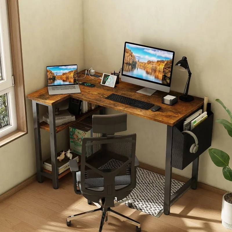 Small L Shaped Desk with Power Outlet Shelves, 40 Inch Reversible Corner Desk for Small Space Home 2