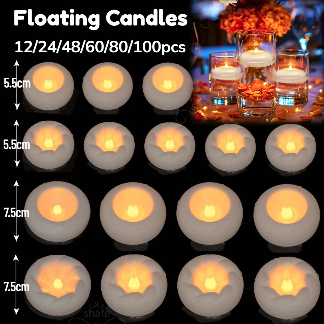 12-100 قطعة الشموع العائمة عديمة اللهب لقطع مركزية الزفاف LED Tealight 5.5/7.5 سنتيمتر بطارية تعمل شمعة تعويم بركة سبا ديكور