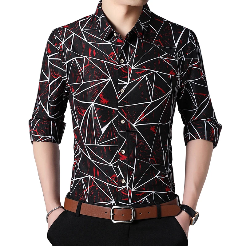 

New Fashion Men's Long Sleeve Shirt Casual Geometric Print Shirts Plus Size Social Businees Shirts Nightclub 6XL 7XL
