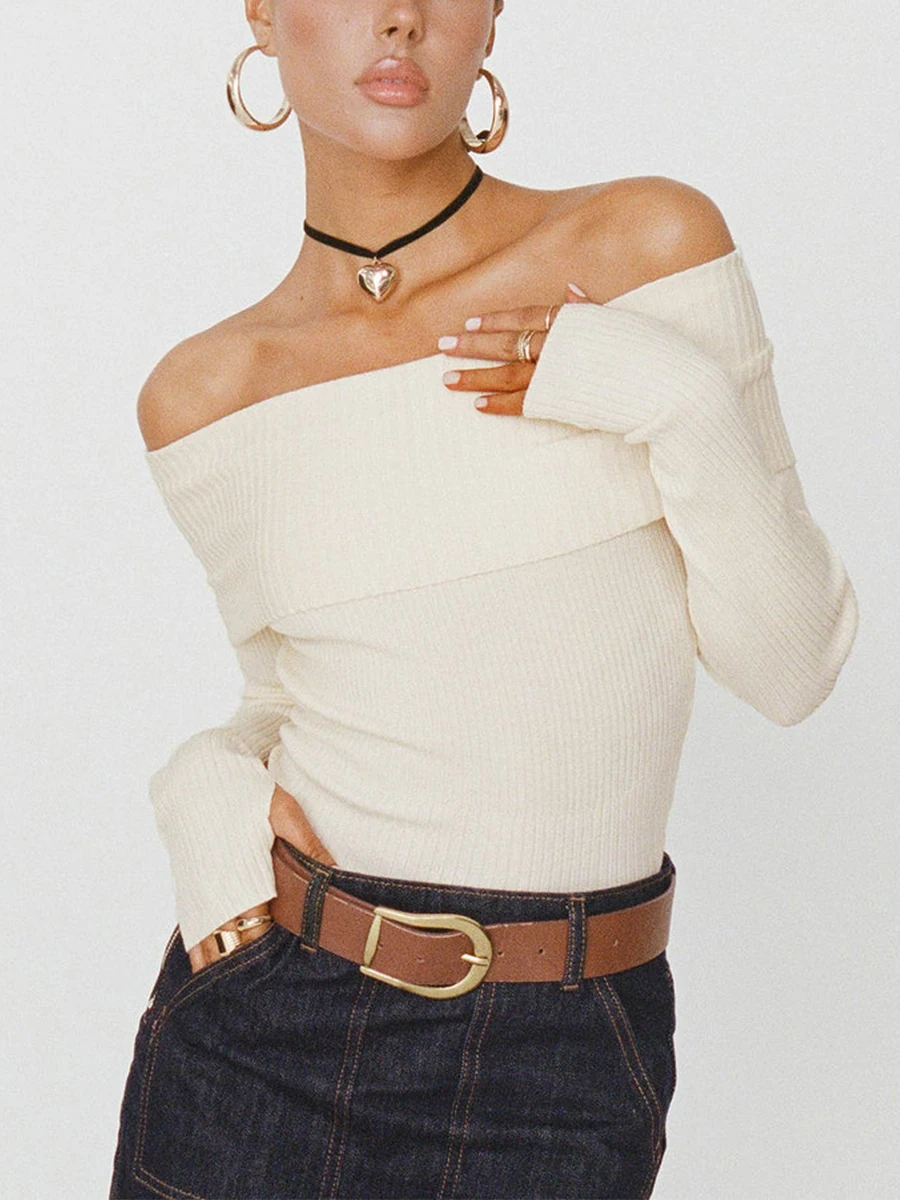 

Women's Off-Shoulder Cropped Tops Solid Color Ribbed Boat Neck Long Sleeve Show Navel Knitwear