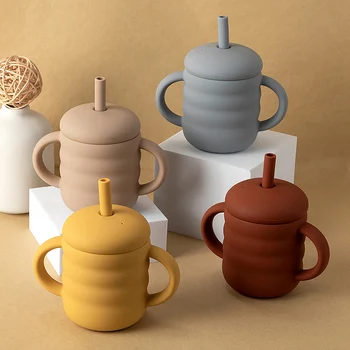 아기 실리콘 컵 빨대 스레드 컵, BPA 프리 휴대용 보관 스낵 용기, 어린이 수유 컵, 누출 방지 학습 음료 컵 상품 이미지