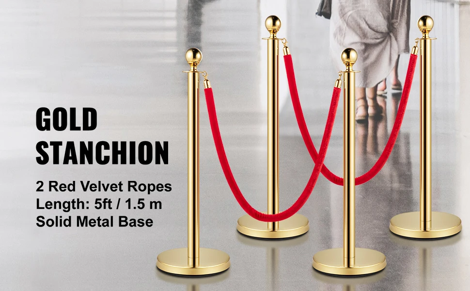 SucceBuy Gold Crowd Control Barrier 5 ft/1.5 m Elegant Velvet Ropes and Posts Stainless Steel Stanchion Post with Ball Top 4 PCS