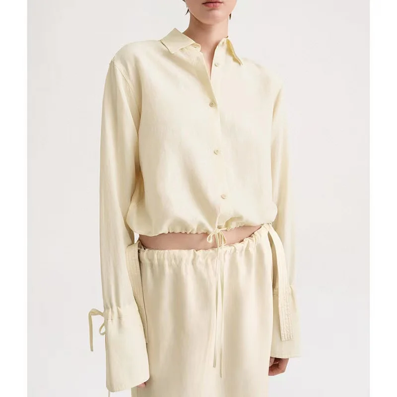 

Nordic minority TOTE linen shirt women's short long-sleeved hem drawcord design feel shirt spring and summer 2023