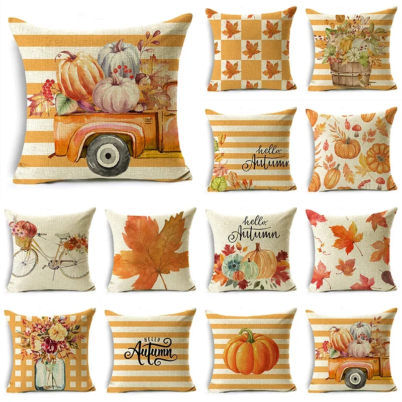 

Hello Autumn Orange Pumpkin Maple Leaves Stripes Throw Pillowcase Cushion Covers For Sofa Office Bedroom Decor Multiple Size