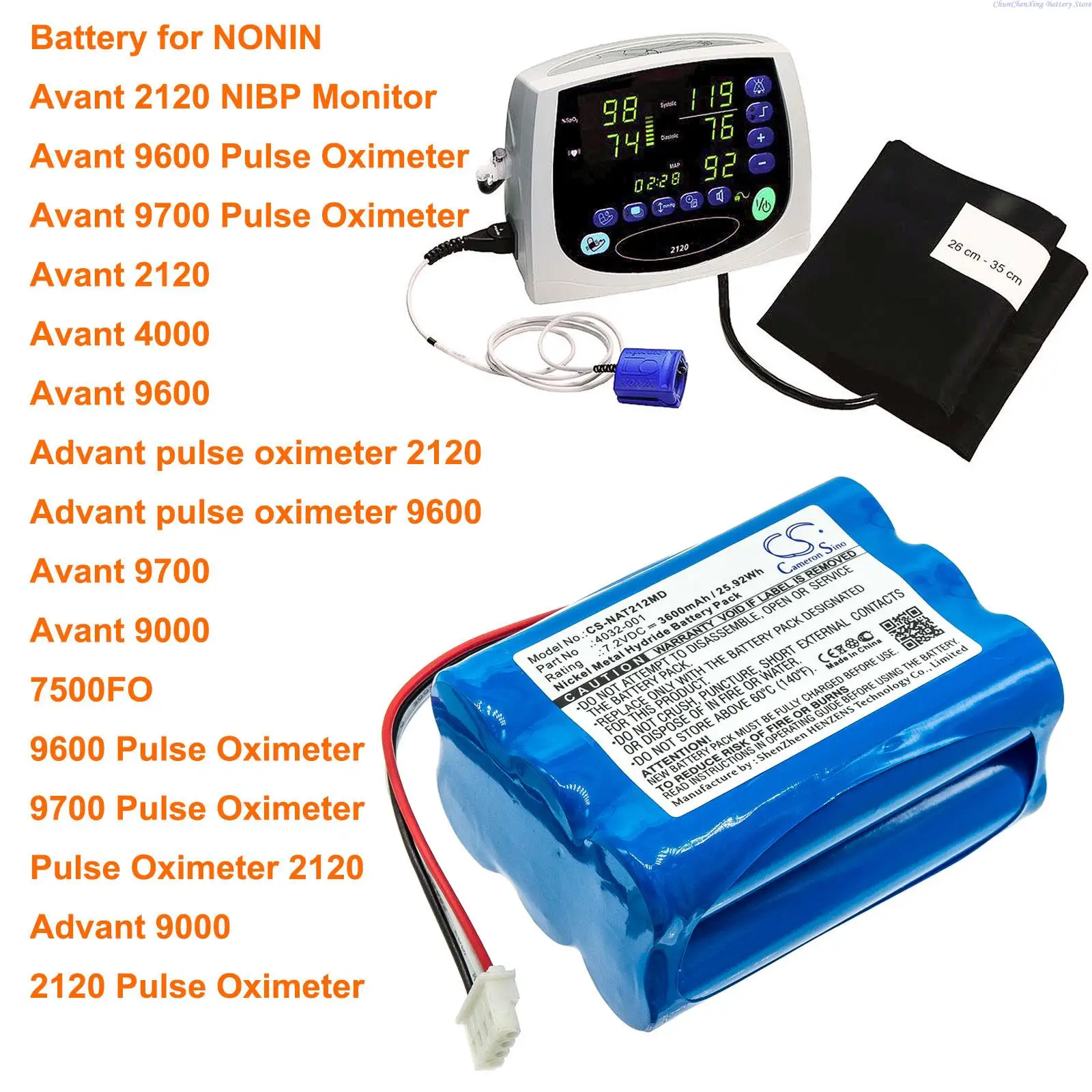 

OrangeYu 3600mAh Battery for NONIN Avant 2120 NIBP Monitor, 2120, 4000, 9600, 9700, 9000,7500FO
