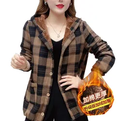 Autumn Winter New 2023 Hooded  Ladies Jacket Fashion Add  Velvet Short Women's Coatlattice Single-Breasted Loose Outerwear