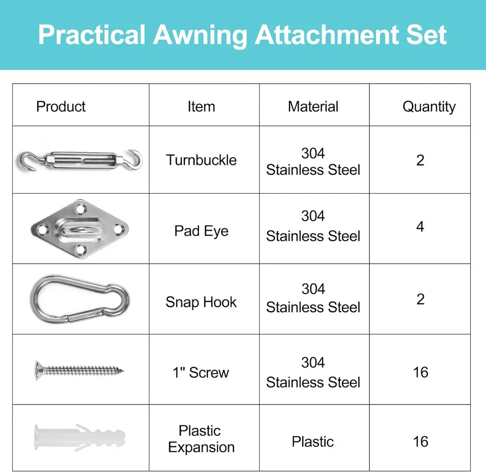 Hushtong Kit di accessori per tenda parasole rettangolare e quadrata, 15,2 cm, in acciaio inox 304, per patio, giardino e esterni, 40 pezzi