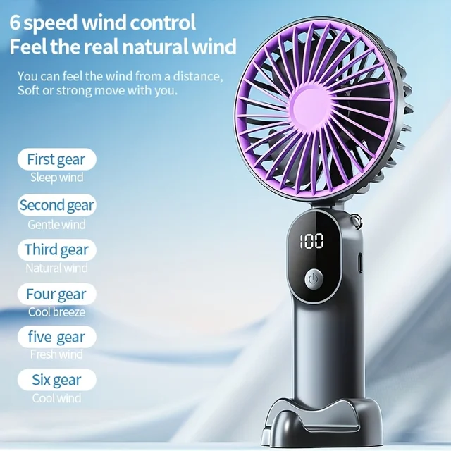 Mini Portable USB Fan with 6 Speeds and Digital Display Foldable 3-in-1 Handheld Neck and Desktop Fan for Traveland Outdoor 3