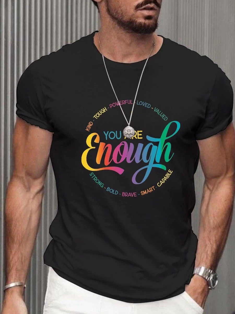 

2023 Summer Men's Printed Casual Crew Neck Short Sleeve T-Shirt Men's Rainbow You Are Enough T-Shirt 3D Printed T Shirt