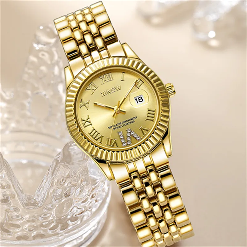 Ladies Big Brand Golden Watches Women Girls Casual Alloy Band Simple Dourado Date Quartz Watch Green Relogios Feminino Fashions 2