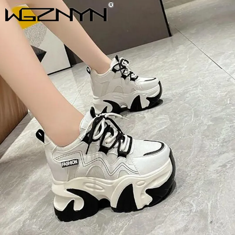 

11CM High Heels Autumn Chunky Sneakers for Women 2023 New Platform Sports Mesh Shoes Woman Lace-up Thick Bottom Dad Shoes Ladies