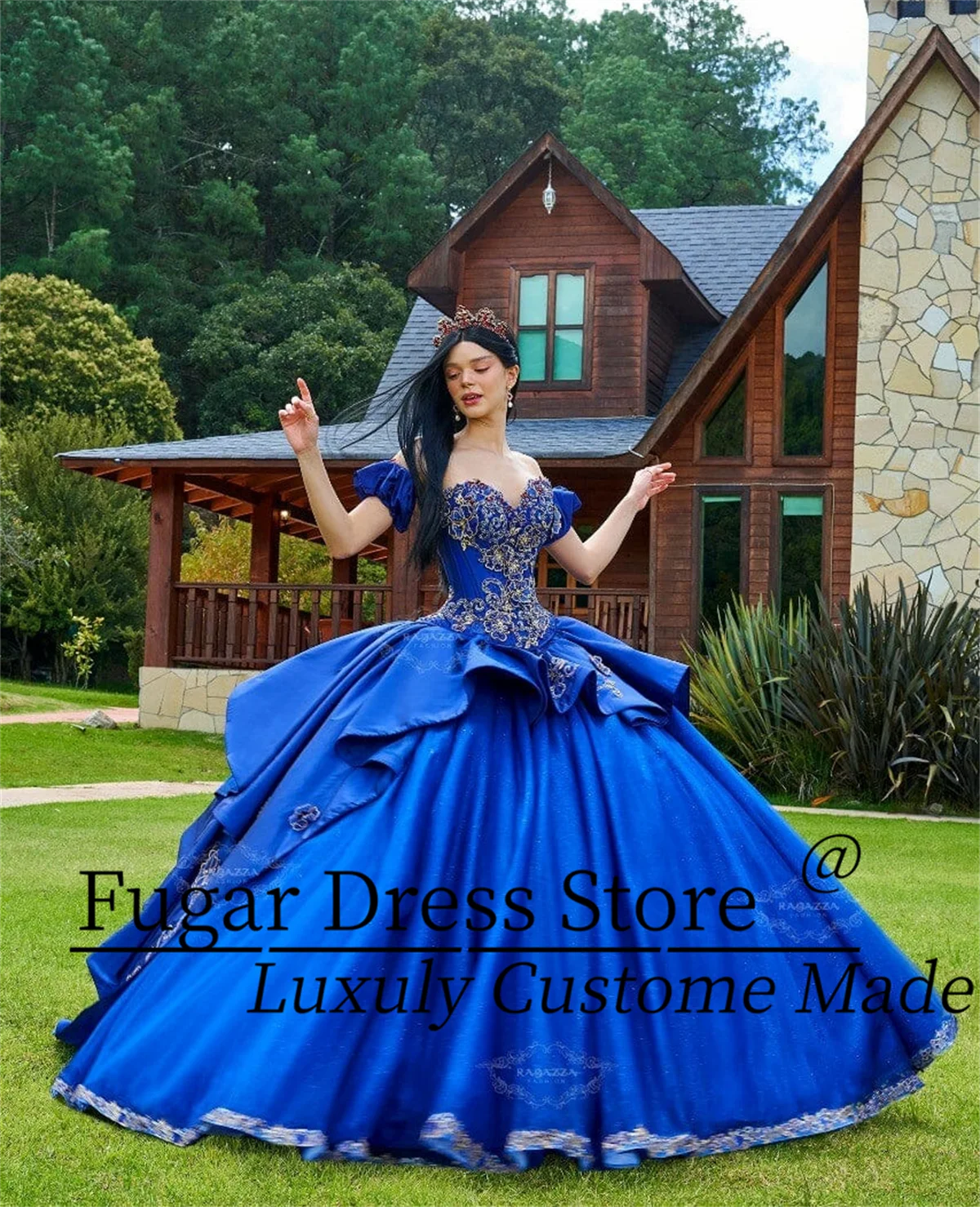 Royal Blue Snow White Sweetheart Ball Quinceanera Fashion Strapless long skirt Beaded Sweetheart Corset
