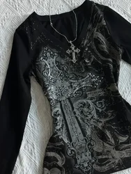 Vintage Black Gothic Punk Graphic V-Neck Hoodie Tee - S (562 Long Sleeve)