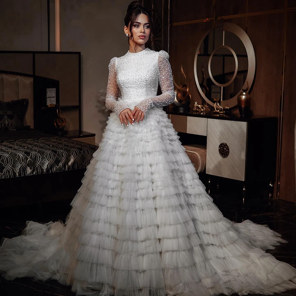 

Luruxy Beading Mesh Wedding Ball Gowns Extra Puffy Tulle Ruffles Long Dubai Bridal Dresses Custom Made Wedding Party Dress