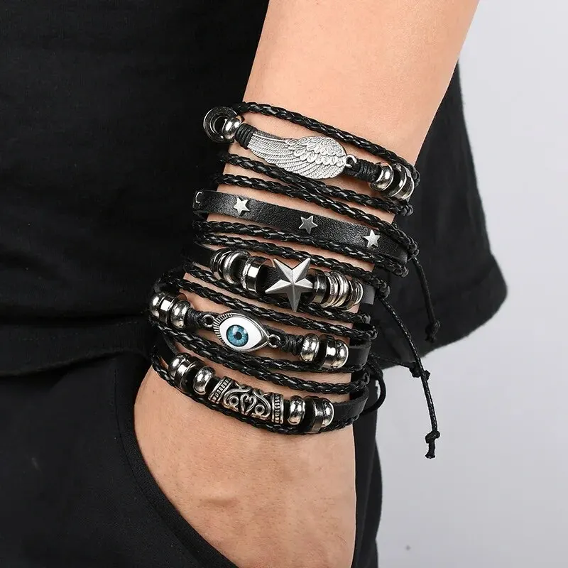5pcs Evil Eye Wing Star Diy Braided Punk Style Bracelet Set, Featuring Pu Leather And Beads 2