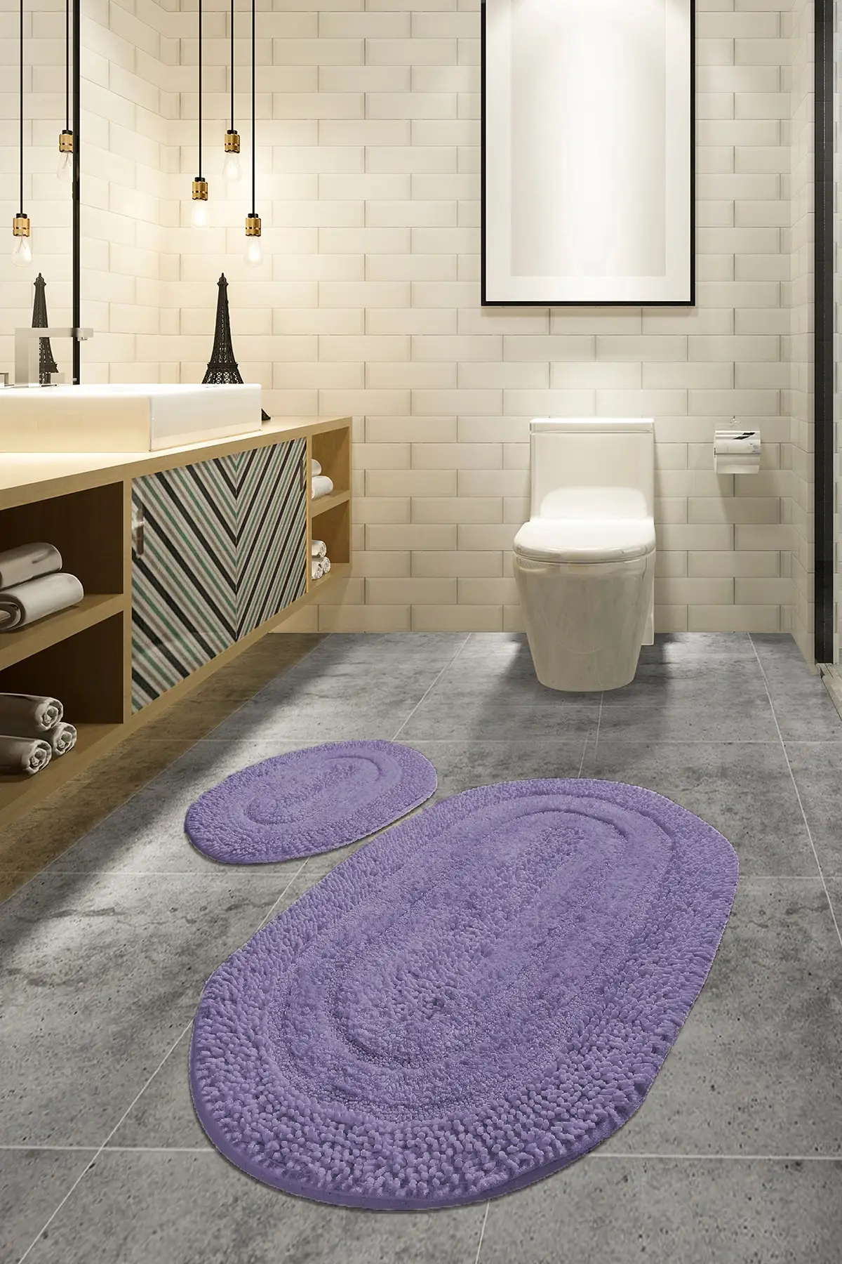 

Macoroni Lila 2 Li Set Cotton Bath Carpet 2 (60X100)+(50X60) Purple Non-Slip Floor Mat Textile Home & Furniture