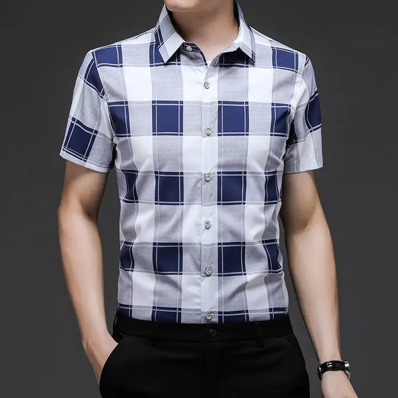 Checker Print Middle-aged Men's Short-sleeved Shirt Loose POLO Neck Panel Single Breasted Thin Top Business Casual Commuting