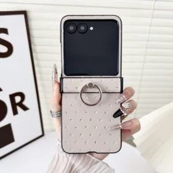 Luxury Diamond Glitter Ring Phone Case - 3-Piece Set with Hinge Protection and Shockproof Cover for MOTO RAZR 40 ULTRA (Khaki)