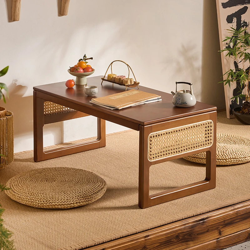 Foldable Tatami Bay Window Table, Japanese Rattan Tea Stand, Compact Floor Coffee Table, Low Desk for Balcony or Window-Side