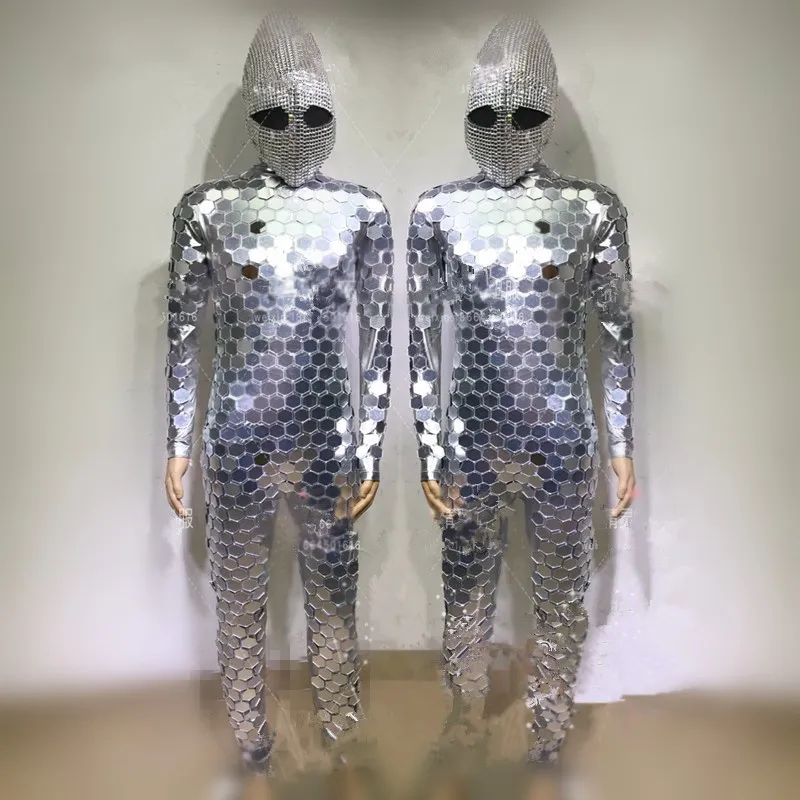 

silver mirror suit singer costumes stage show wears dj party robot men dress outfit bodysuit disco costume Ballroom dance