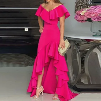 New Sexy V Neck Ruffles Party Dress Femme Elegant Summer Fashion Solid Sleeveless Slim Irregular Maxi Dresses For Women Robe 1
